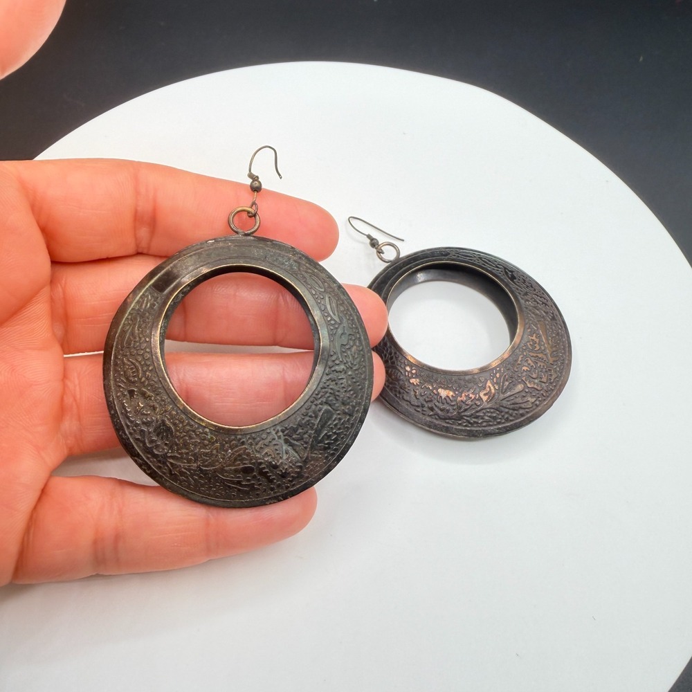 Bronze Tone Embossed Hoop Earrings Floral Etched Boho Statement Vintage Dangle